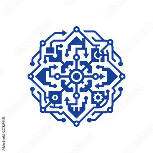 A blue digital circuit board pattern on a white background