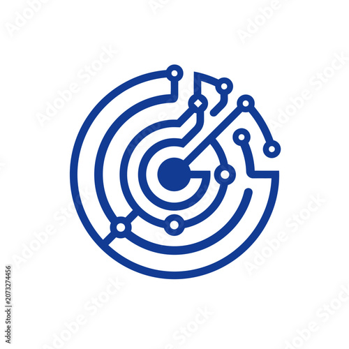 A blue digital circuit board icon on a white background