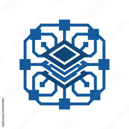 A blue digital circuit pattern forms a symmetrical geometric icon