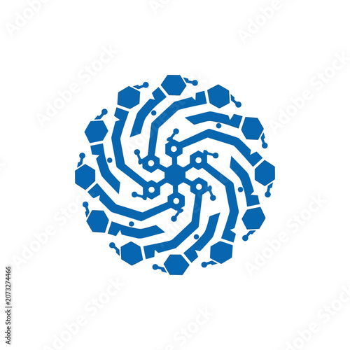 A blue digital circuit pattern arranged in a circular shape