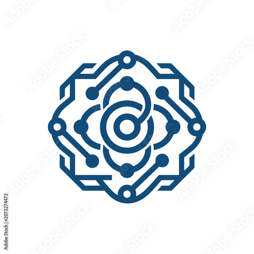 A blue digital circuit pattern forms a symmetrical floral shape