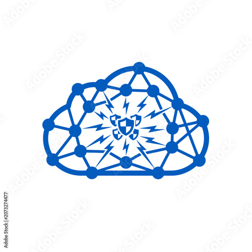 A blue digital cloud icon with a central protective shield symbol