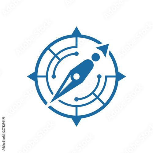 A blue digital compass icon on a clean white background