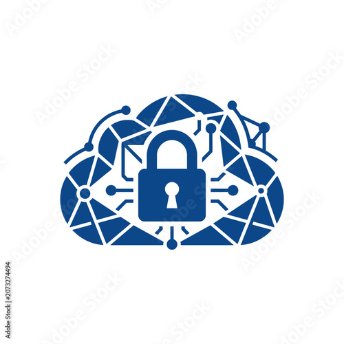 A blue digital cloud icon with a secure padlock symbol inside