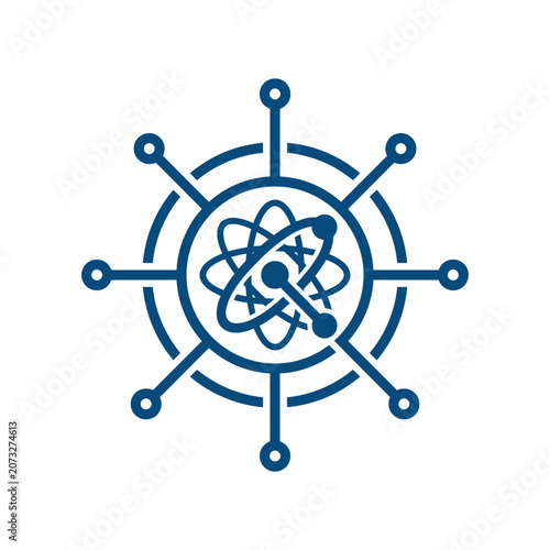 A blue digital icon representing scientific research and connectivity