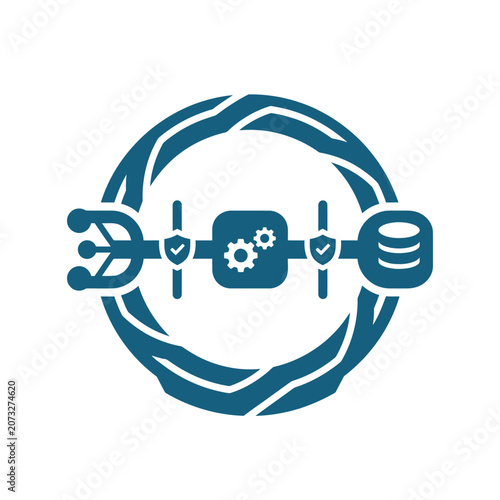 A blue digital icon representing secure data processing systems