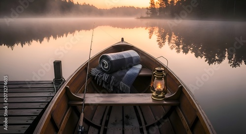 Peaceful Rowboat with Lantern and Fishing Rod Docked on a Misty Lake at Golden Hour Sunrise