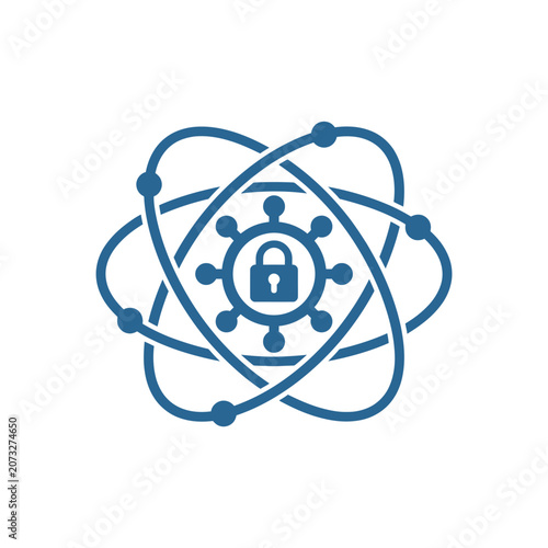 A blue digital icon representing secure data and atomic structure