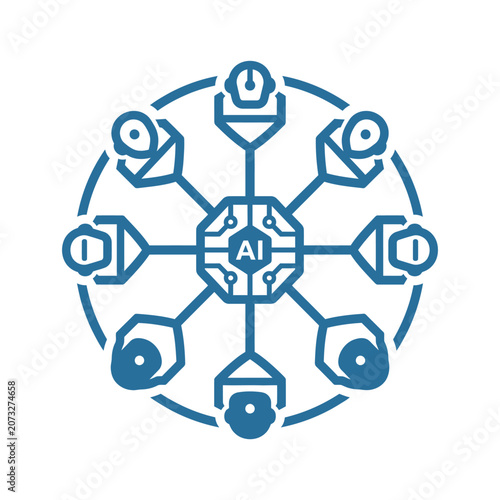A blue digital icon showing a central network connection system