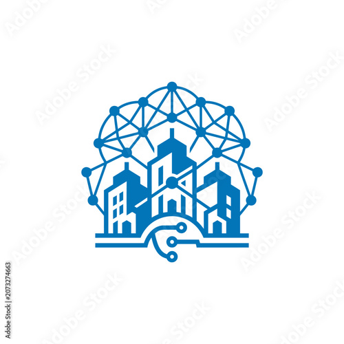 A blue digital icon showing a connected smart city network design