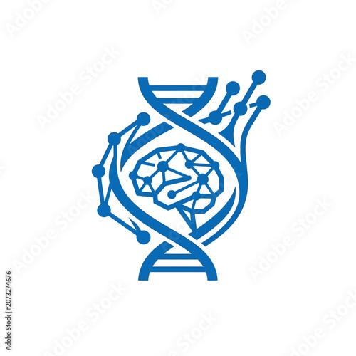 A blue digital icon showing a brain inside a double helix structure