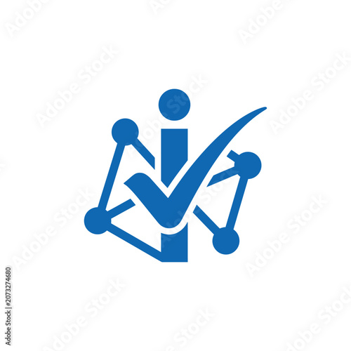 A blue digital icon showing a checkmark and network nodes