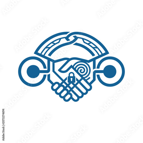 A blue digital icon showing a handshake with a security lock