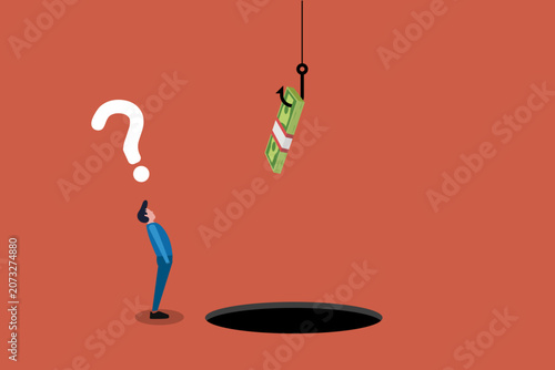 Business opportunity illustration showing Businessman facing uncertain financial reward above risk, symbolizing investment decisions, temptation, and strategy