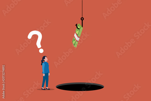 Business opportunity illustration showing Business woman facing uncertain financial reward above risk, symbolizing investment decisions, temptation, and strategy