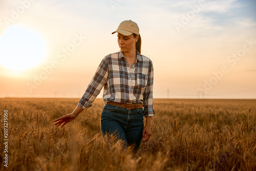 Bild auf Leinwand Female farmer touching ripening wheat field at sunset