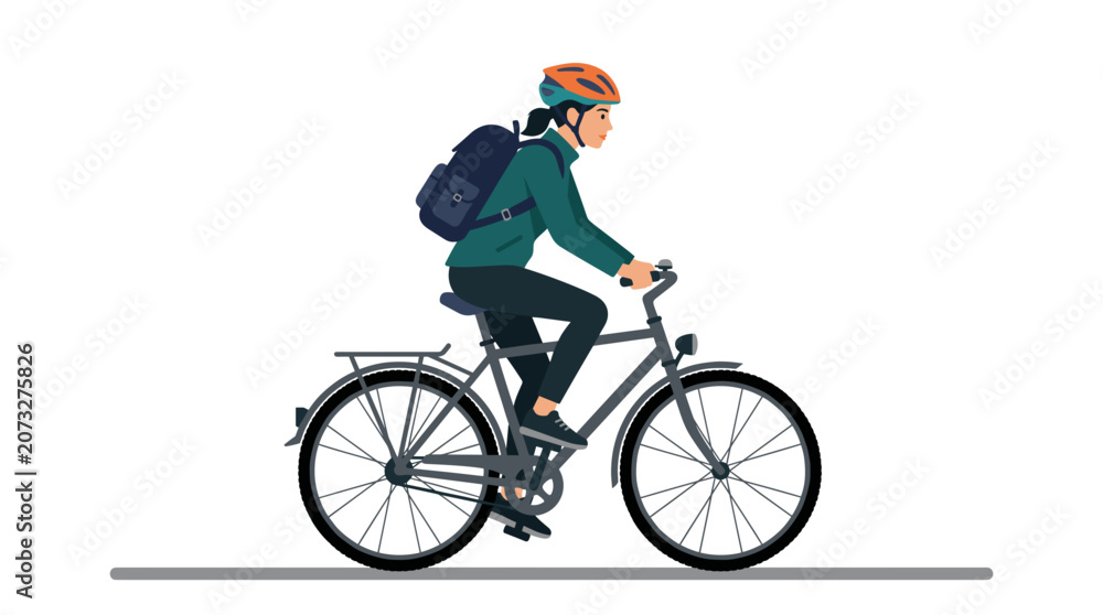 Fototapeta premium Woman wearing helmet and backpack riding a bicycle on a gray road, side view, illustration
