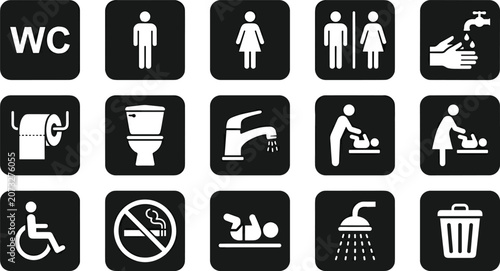 Restroom navigation square icons set including male female handicap baby changing table shower and wc signs vector