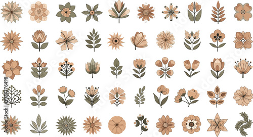 Konstfotografi Retro Hand Drawn Floral and Leaf Stem Vector Element Collection Featuring Simple
