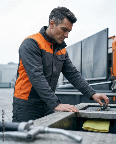 Slight high angle portrait of operator adjusting a fluid control dial. Luminous environment with soft overhead sky illumination, detailed riipstop uniform fabric and natural skin textures.
