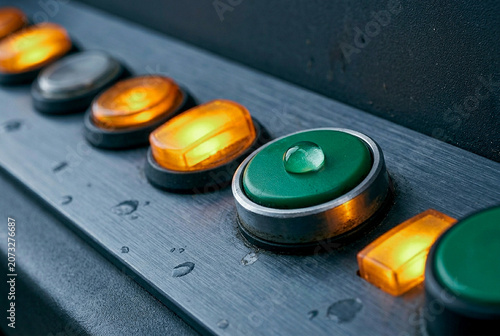  editorial macro still life close up oblique focus on industrial control panel buttons. primarily lit by internal amber indicator illumination, supplemented by soft cool ambient light.
