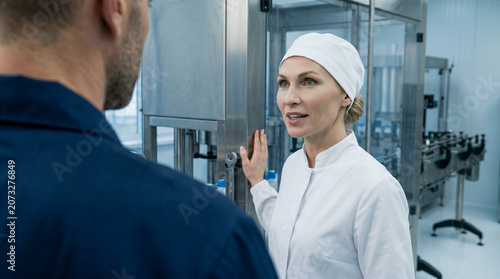 Slight low angle over-the-shoulder shot looking past a male operator toward a communicative female technologist as they verify seal compression force next to automated components.
