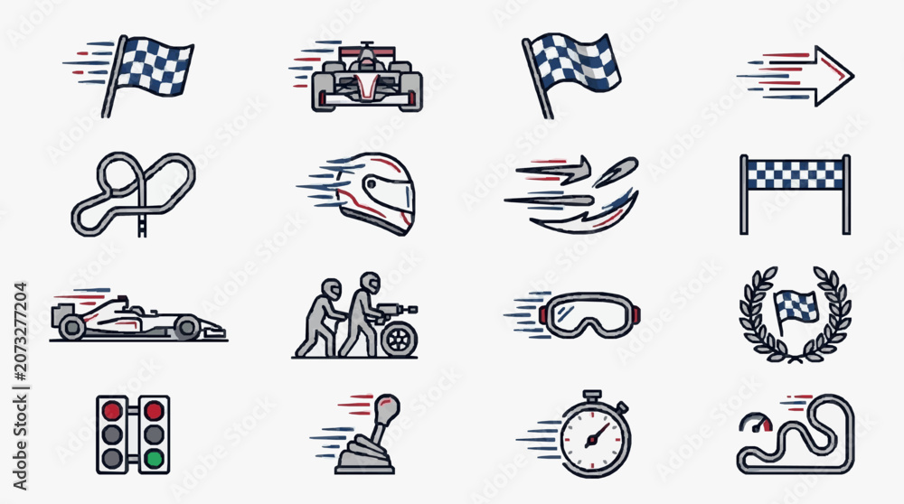 Naklejka premium Corporate Racing and Motorsport Icon Set Modern Flat Design Illustrations of Cars Flags Helmets and Track Elements