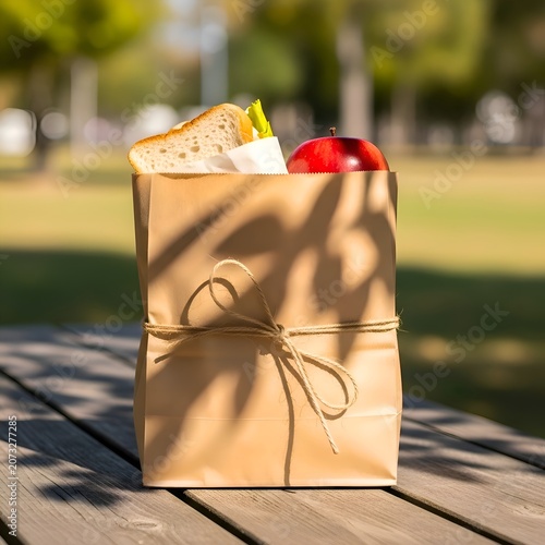 Healthy Brown Paper Bag Lunch with Sandwich and Red Apple on Wooden Picnic Table in Sunny Park