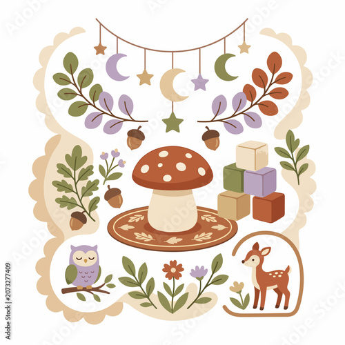 whimsical forest magical mushroom scene.