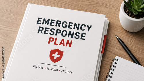 Emergency response plan document folder manual on wooden office desk with medical shield icon prepare respond protect healthcare strategy