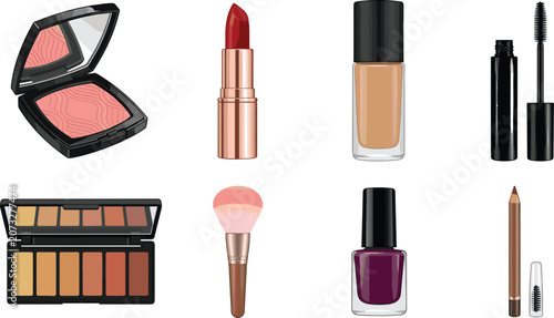 Professional beauty makeup cosmetics collection featuring lipstick foundation mascara eyeshadow blush nail polish and brush vector illustration isolated on white