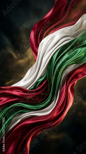 Wavy red, white, and green fabric strips with golden glitter dust