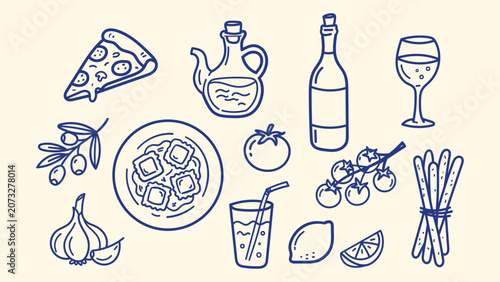 Foto Hand Drawn Mediterranean Food Icons Featuring Pizza Olive Oil Bottle Wine Glass
