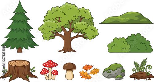 Forest nature elements collection with trees bushes rocks mushrooms stump and ground plants cartoon vector illustration isolated on white
