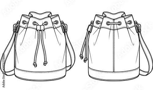Bucket Bag Outline Illustration Showing Front and Back Views Fashion Accessory