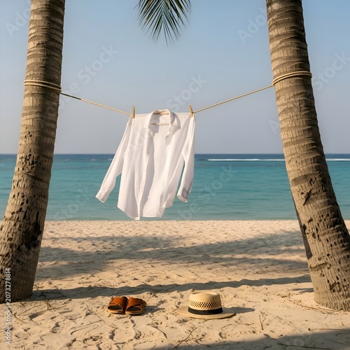 White Linen Shirt Hanging to Dry Between Palm Trees on Tropical Beach for Summer Vacation