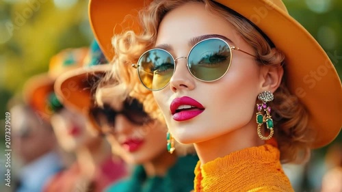 Stylish caucasian women with sunglasses and hats enjoying a sunny day outdoors