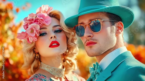 Stylish young caucasian couple in colorful floral setting with hats and sunglasses