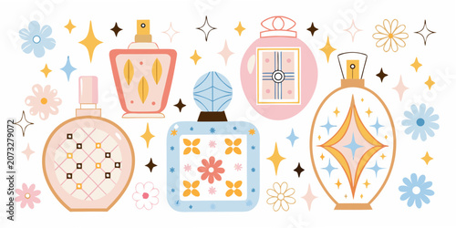 Photography Collection Of Perfume Bottles Colorful Vector Illustration With Floral Elements