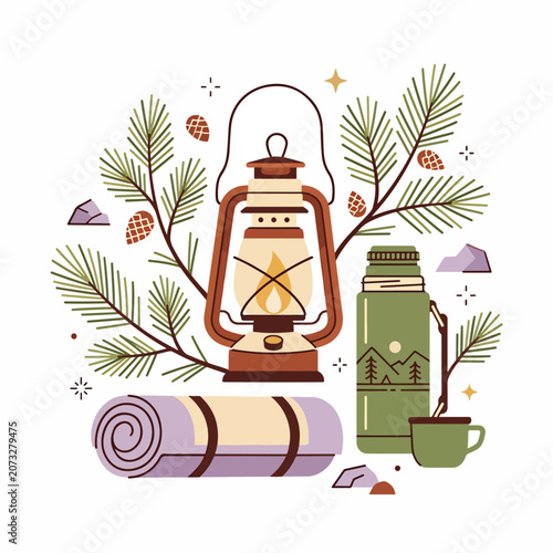 Camping gear with lantern and flask 2.