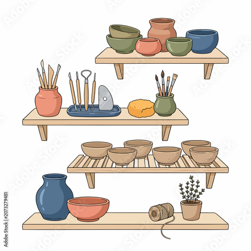 Ceramic pottery on wooden shelves with tools.