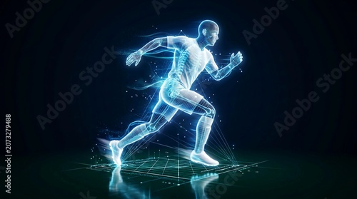Futuristic Athlete Running in Digital Hologram with Glowing Network Grid and Futuristic Design