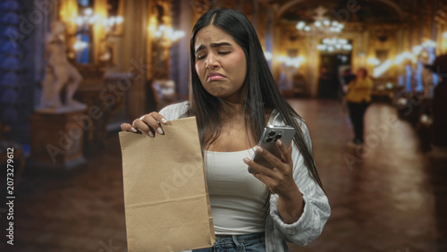 Foto Woman holds paper bag and smartphone in her hand while frowning at the screen in a building; delivery frustration