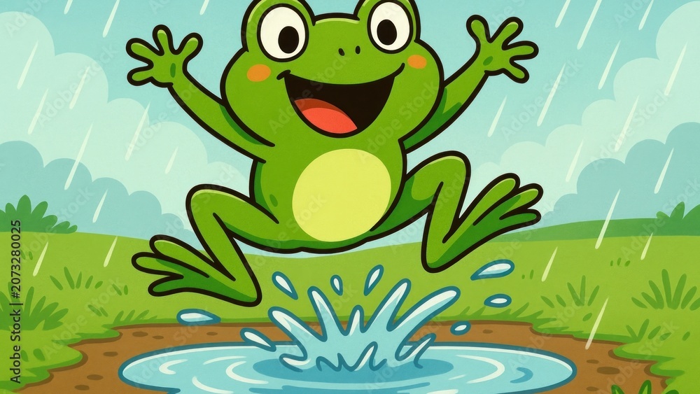 Fototapeta premium Joyful frog jumping puddle desktop wallpaper