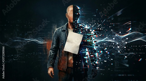 Conceptual Illustration of Artificial Intelligence Deepfakes and Digital Disinformation Impacting Identity