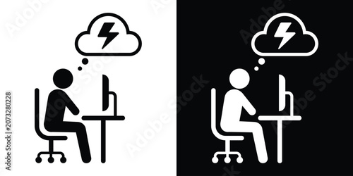 Konstfotografi Businessman working on a desktop computer under a storm cloud, symbolizing high work pressure or a breakthrough idea