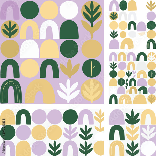 Colorful abstract shapes and leaves pattern.