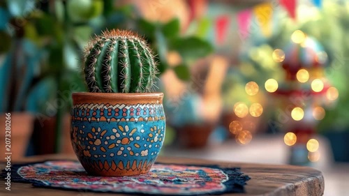 Colorful hand-painted pot with cactus in vibrant garden setting. Cinco de Mayo, Battle of Puebla Day, Mexican Heritage Festival - Latin American Cultural Celebration