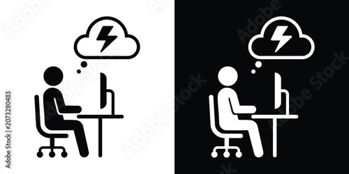 Foto Businessman working on a desktop computer under a storm cloud, symbolizing high work pressure or a breakthrough idea