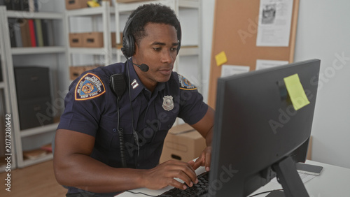 Fotografía Man in police uniform wearing a headset typing on a keyboard at a building desk with monitor, badge, and cardboard boxes visible; focused duty